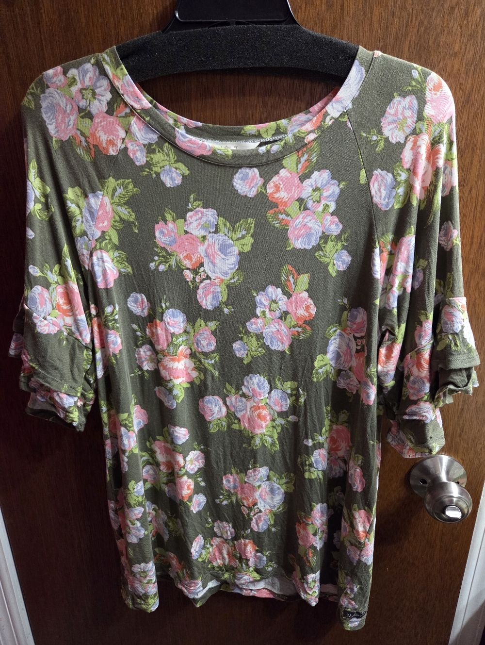 Matilda Jane Floral Ruffle Sleeve Women's Top in Olive Green Size Med